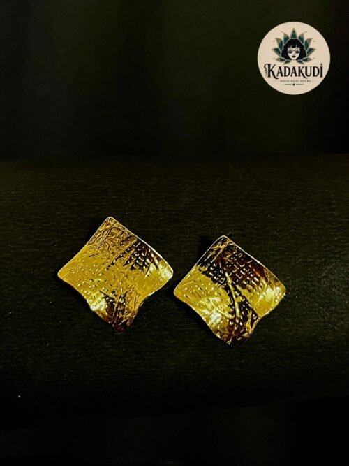 Gold Crinkled Square Stud Earrings by Kadakudi