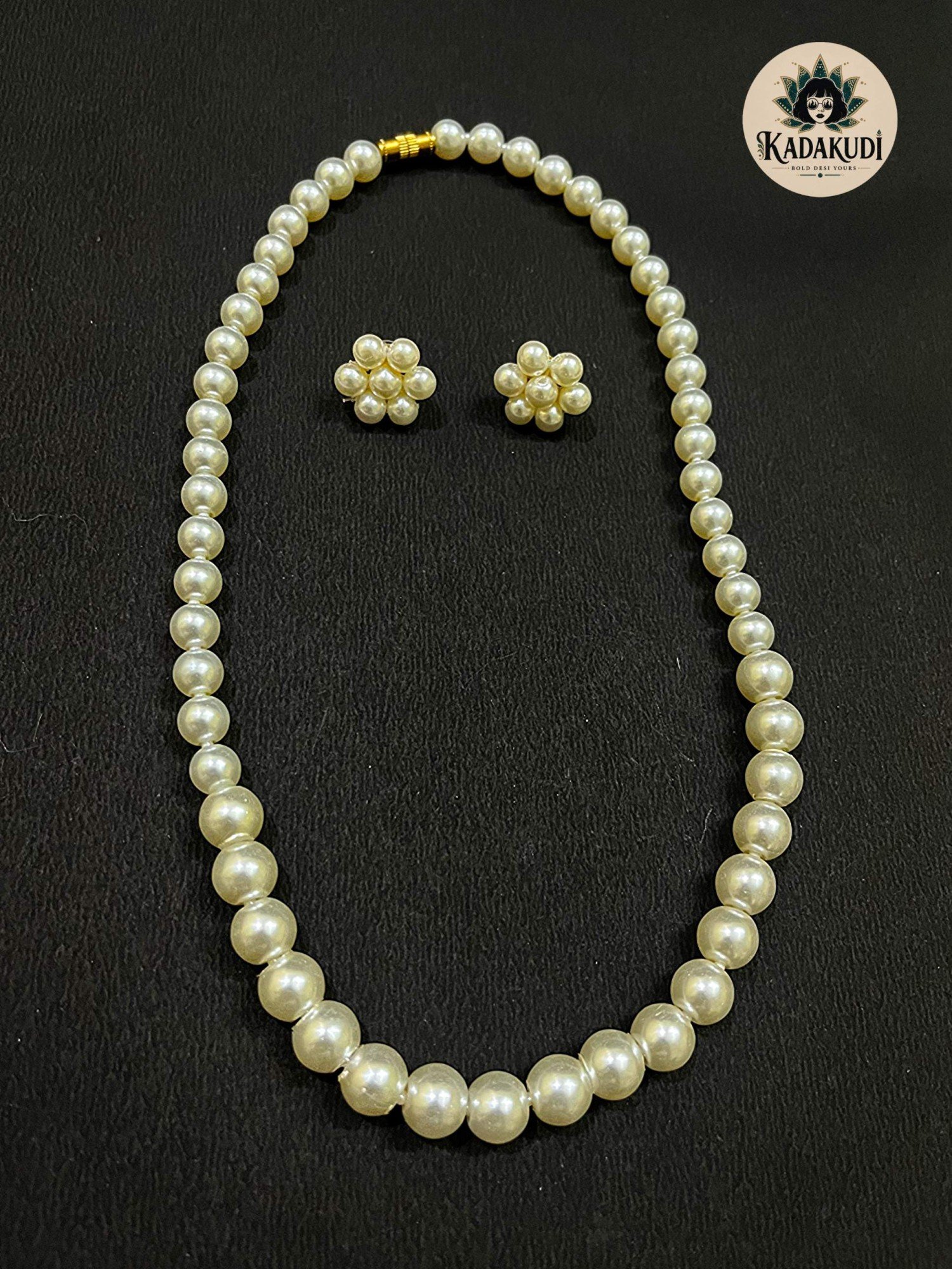 Graduated Pearl Necklace with Flower Studs by Kadakudi