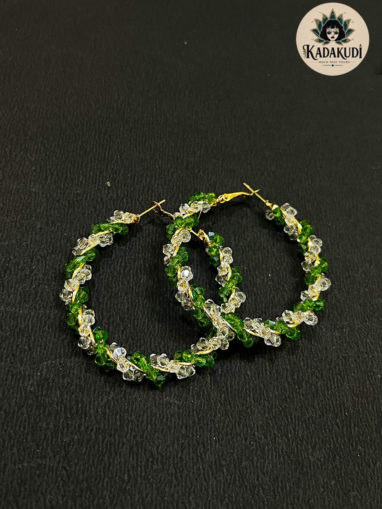 Green Crystal Twist Hoops by Kadakudi