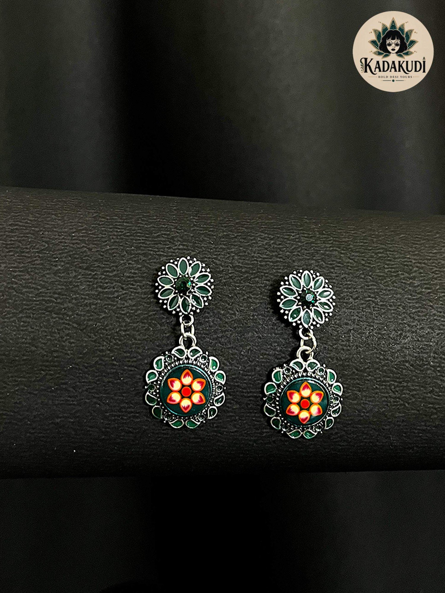 Green Meenakari Floral Drop Earrings by Kadakudi