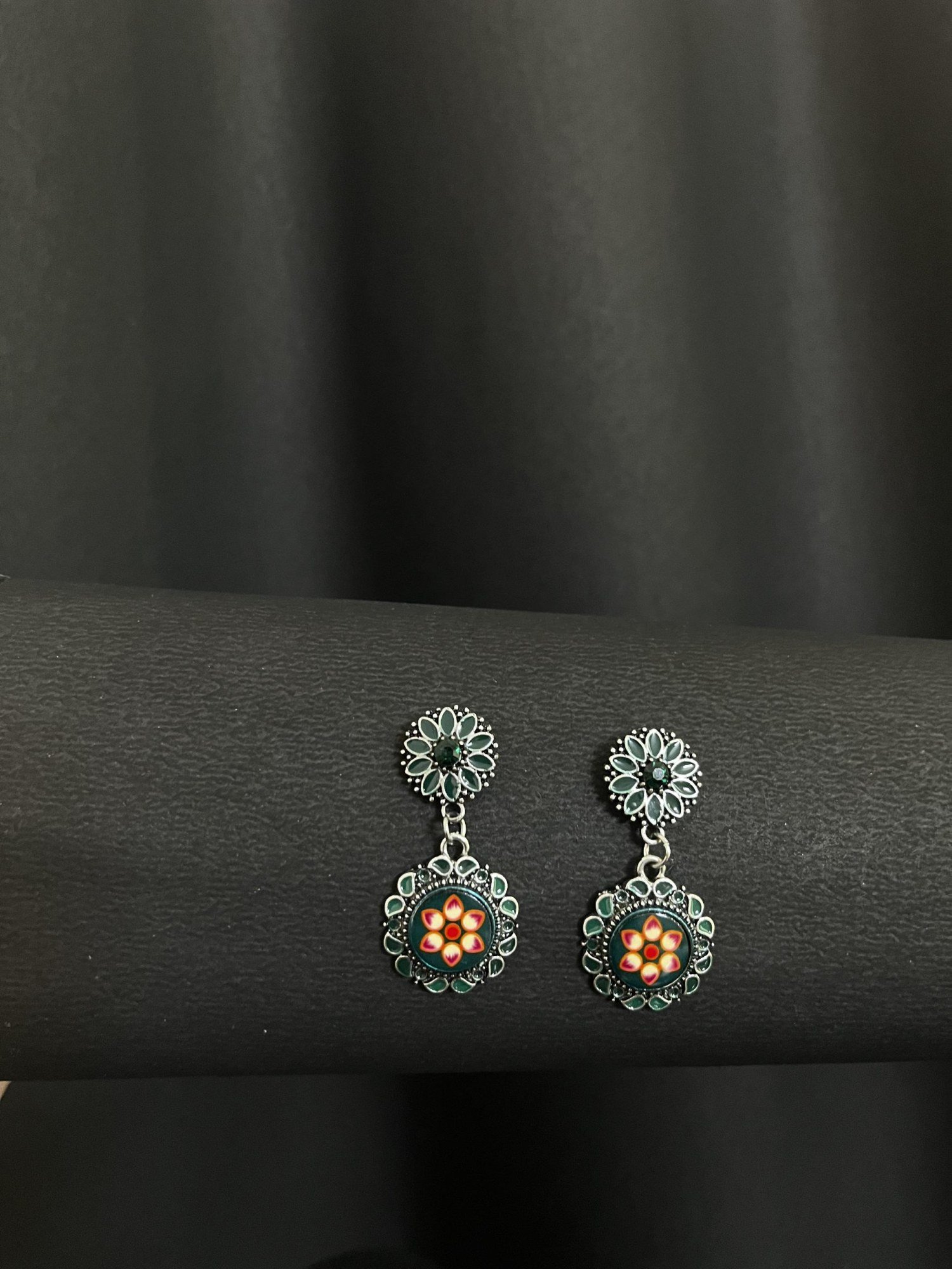 Green Meenakari Floral Drop Earrings by Kadakudi