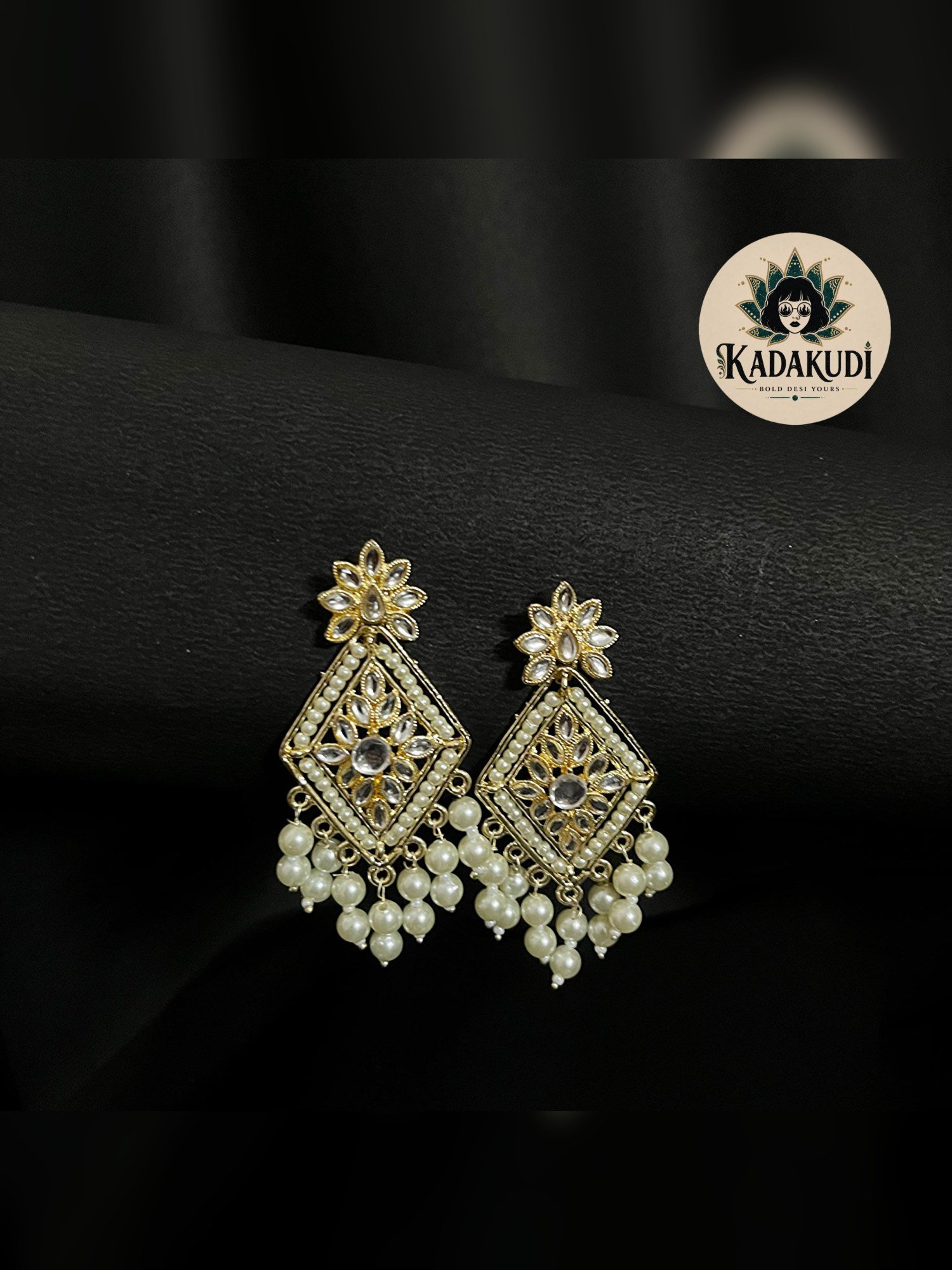 Kundan Pearl Diamond Drop Earrings by Kadakudi