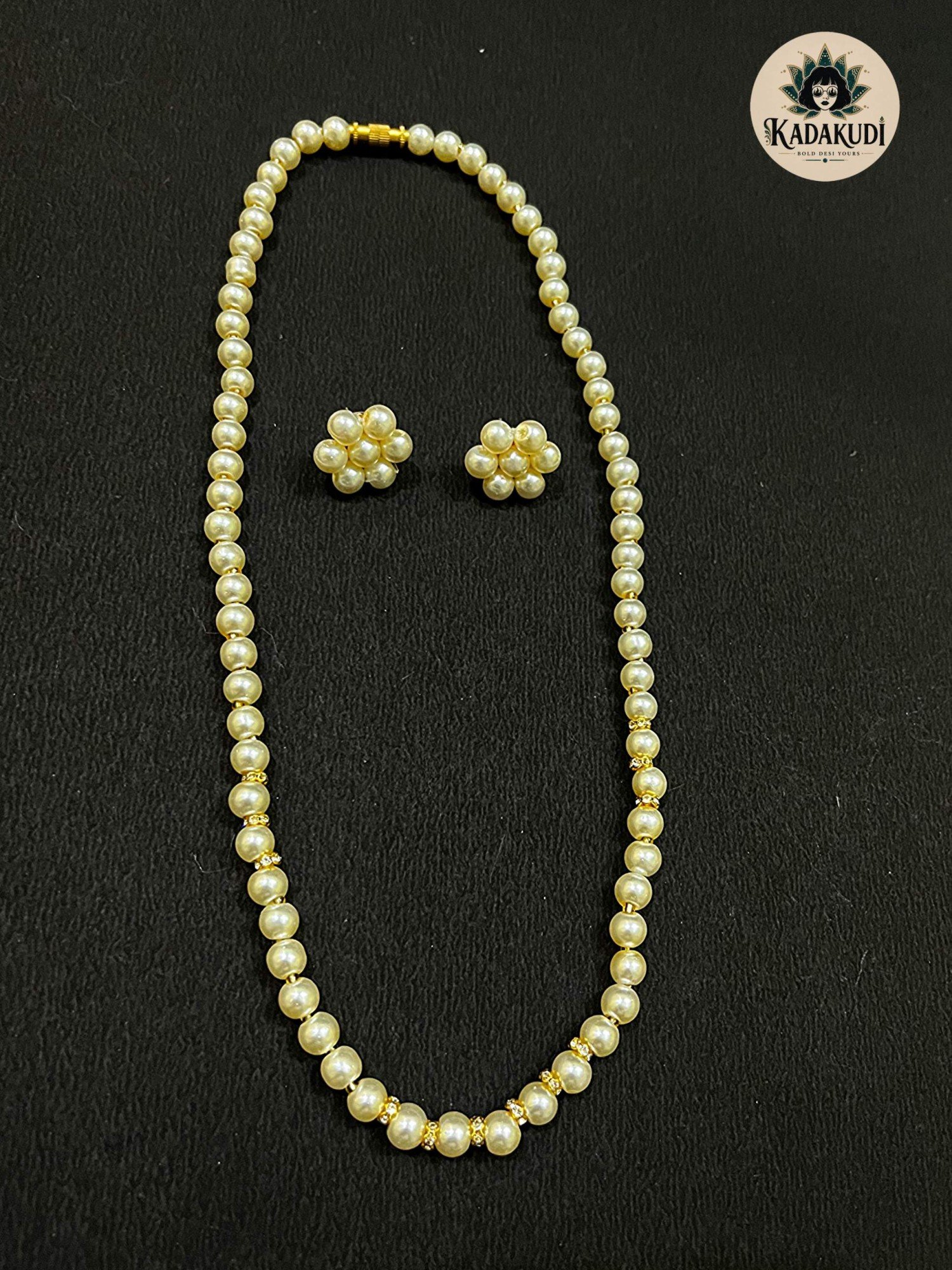 Pearl & Gold Bead Necklace with Flower Studs by Kadakudi