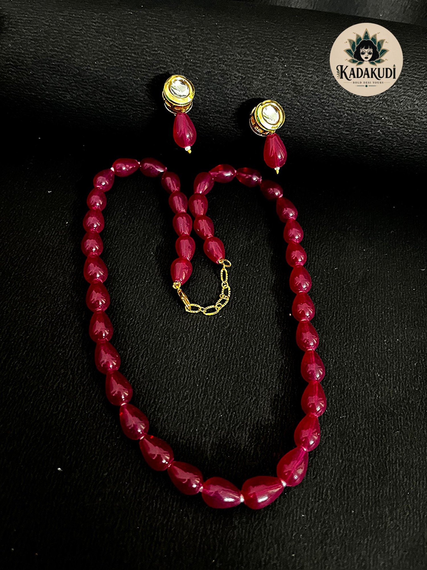 Ruby Drop Bead Necklace with Kundan Earrings by Kadakudi