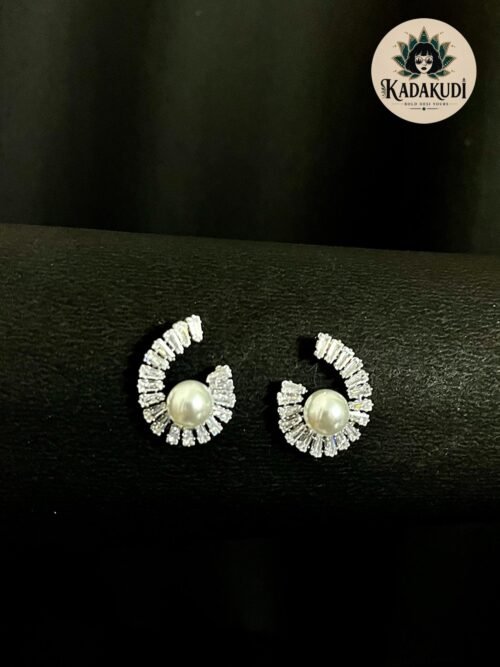 Silver Baguette Crescent Pearl Studs Silver Baguette Crescent Pearl Studs by Kadakudi