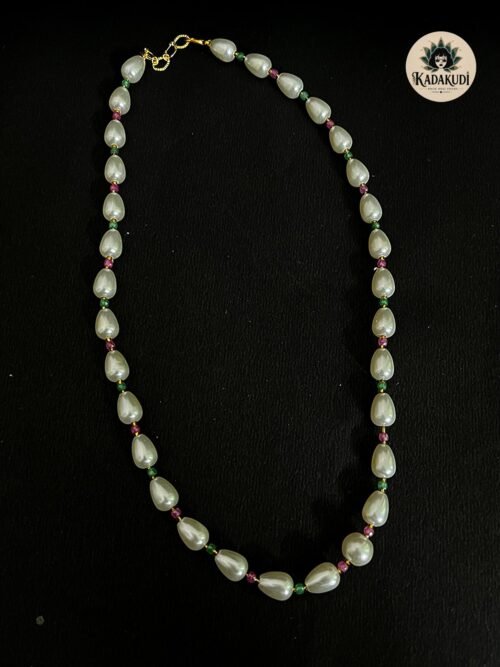 Teardrop Pearl Necklace with Ruby & Emerald Beads Teardrop Pearl Necklace with Ruby & Emerald Beads by Kadakudi