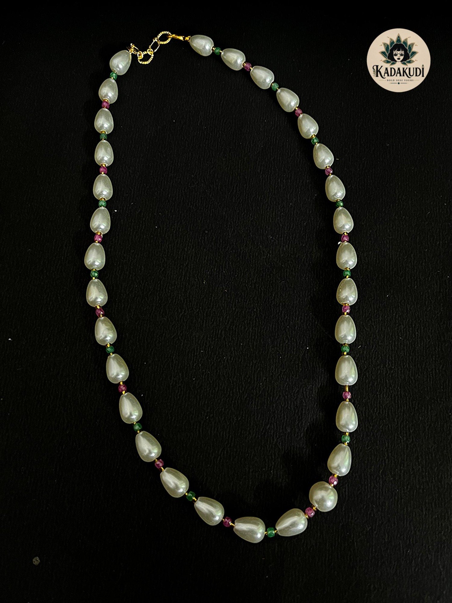 Teardrop Pearl Necklace with Ruby & Emerald Beads by Kadakudi